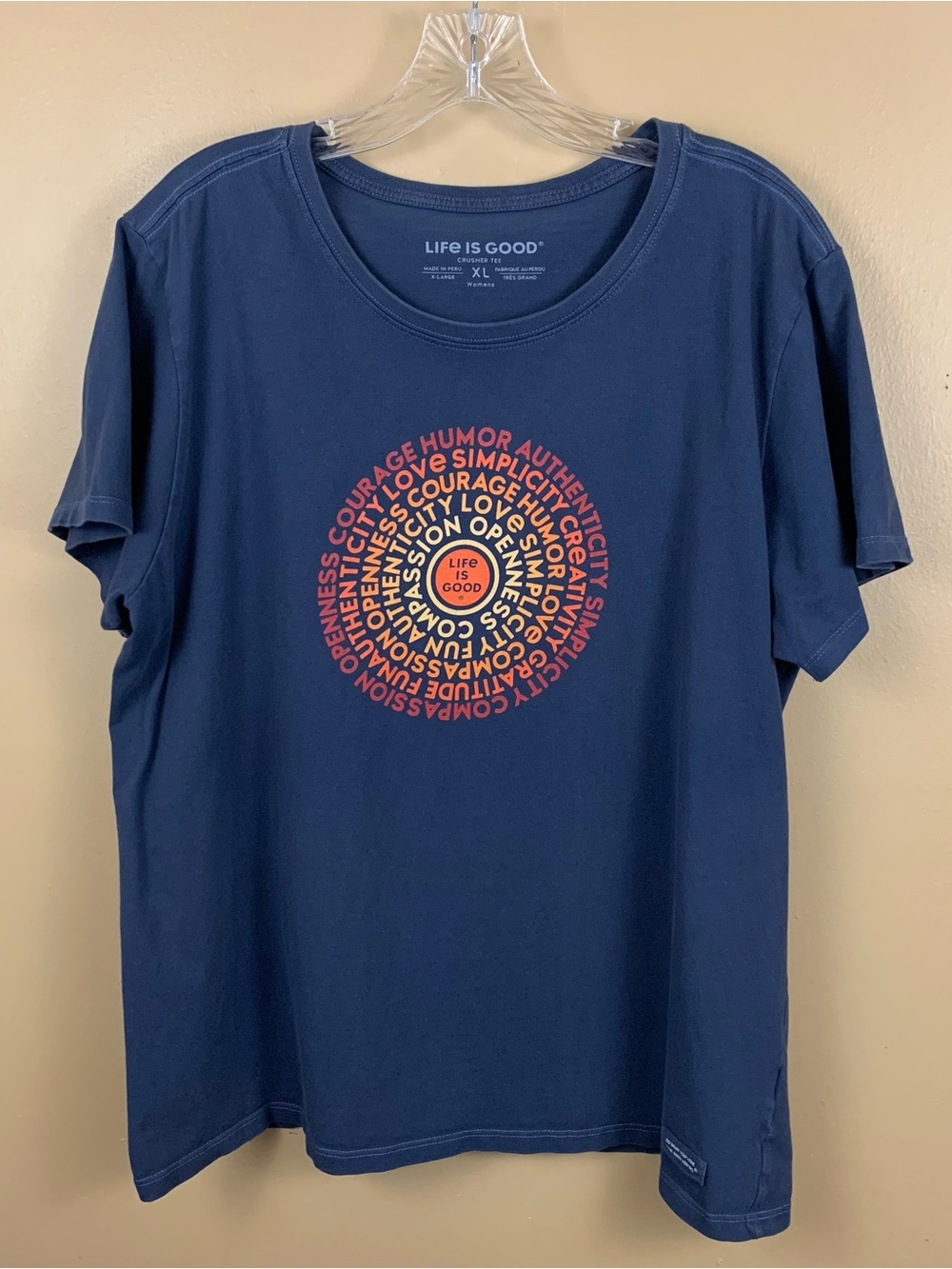 Life is good Shirt Womens XL Blue Inspirational Word Circle Cotton Crusher Tee